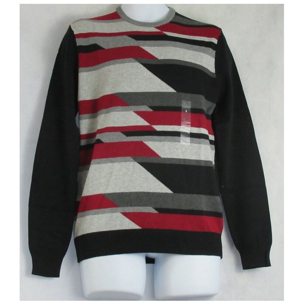 Alfani Men's Lightweight Geometric 100% Cotton Crewneck Sweater, Red Multi, XXL